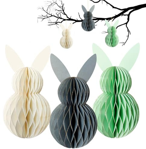 LUMOOM 3 pièces de décoration Pâques Boules alvéolées, Lapin Pâques en Papier Pliable, Lapin alvéolé en Papier Soie, Lapins Pâques à Suspendre pour l'extérieur, réutilisables (Couleurs mélangées)