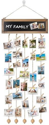 Corpower Colgar Fotos con Pinzas - Marco para Múltiples Fotos, 38x12cm, Cortina de Fotos, Marco con Clips y Cuerda, Contiene 30 Clips Pequeños de Madera