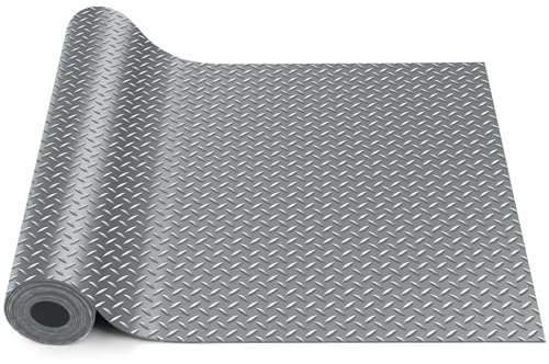 Breling 16 in x 10 ft Rubber Flooring Rolls Mats, Heavy Duty Diamond Plate Garage Floor Mat, PVC Water/Stain Outside Stall Resistant Parking Rv Trailer Flooring(Grey)