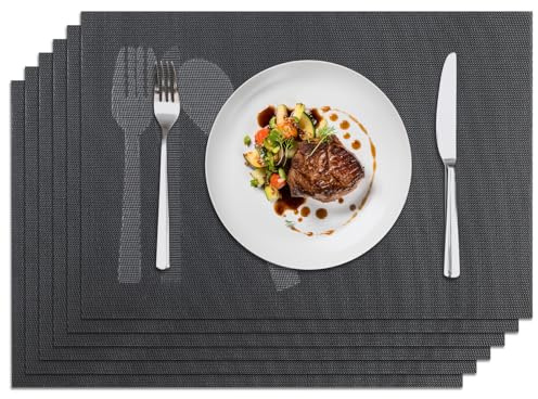 Komforbaa Tovaglietta Lavabili PVC Set di 6, Rettangolari Tovagliette Antiscivolo e Resistente al Calore, Tovagliette Riutilizzabili per Cucina Colazione Cena 45x30cm Nero