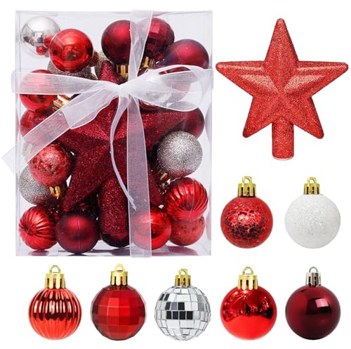 KLVGTIFS 30 Piezas Bolas de Navidad 3 cm Adornos Arbol Navidad | Bolas Rojo Plata de Plástico Irrompible para Navideña Habitación Interior Boda Fiesta de Cumpleaños Decoración de Jardines