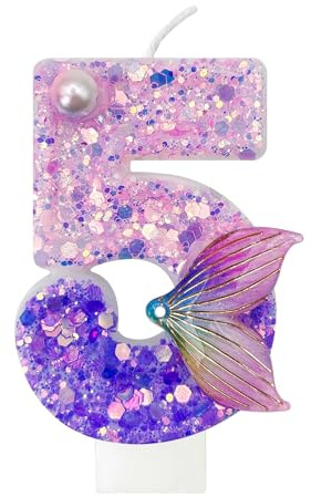 Vela de cumpleaños de sirena número cinco–Vela de sirena 3D con purpurina rosa y púrpura, Decoración de pastel estilo fantasía. para cumpleaños de niñas, fiestas temáticas de sirenas y aniversarios.