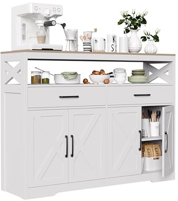 TIMORWTF Credenza Cucina, Mobile portaoggetti con 2 cassetti e 4 ante, ripiano regolabile, credenza sala da pranzo per cucina, soggiorno, 140 x 40 x 105 cm, bianco (4 porte)