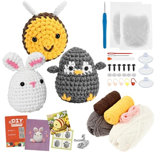 harupink Häkelset für Anfänger,Erwachsene Kinder Stricken für Anfänger Set,3 Stück Tiere Crochet Set für Geschenk Häkel Set mit Schritt Anleitungen,häkelset kinder-Pinguin-Biene-Kaninchen