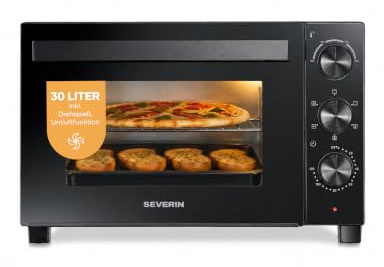 Severin bak- och toastugn med varmluftsfunktion, inklusive grillspett för kött, mångsidig varmluftsugn med 30 liters kapacitet, bakugn, 100–230 °C, timer 120 min, 1600 W, svart, TO 9020