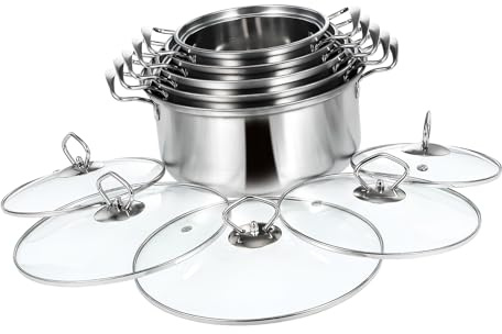 Stainless Steel Soup Pot Set, 5 Sets Double Handle Cookware | Glass Lids Included, Silver Finish, in One Kitchen Supply, Versatile Use for Everyday Cooking