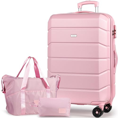 Tavoxda Suitcase Sets 3 Piece, Hard Shell Lightweight ABS Carry on Trolley Travel Luggage Set Spinner Wheels & TSA Lock with Travel Duffel Bag and Toiletry Bag, 28” Large Set, Pink