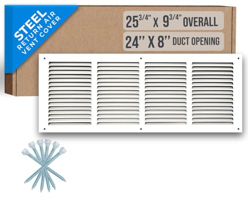 Fits 24x8 Duct Opening | Steel Return Air Grille by Handua | Vent Cover Grill for Sidewall and Ceiling | White | HVAC Cold Air Intake Grille | Outer Dimensions: 25.75W X 9.75