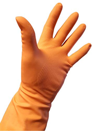 DSTOCK60- 10 Pares de guantes de goma impermeables reutilizables naranjas de manga larga- Talla M, 7,5- Limpieza del hogar, fregar vajilla, cocina, ropa