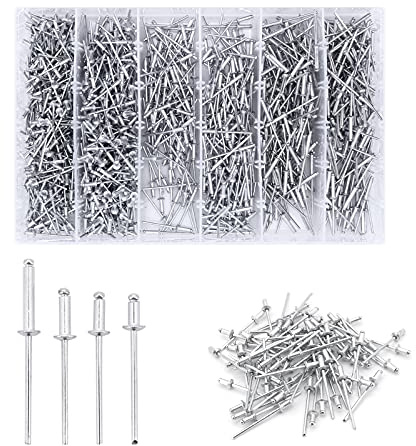 Yuhtech Rivett Cieco in Alluminio, 1000 Pcs 4 Dimensioni Rivetti Pop Rivetti in Alluminio 3.2 x 6mm, 3.2X 8mm, 3.2X 10mm, 3.2X 15mm Rivetti a Strappo per Legno, Metallo,Plastica