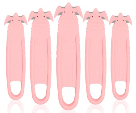 Safety Box Cutter, T TOVIA Sharp Durable Stainless Steel Concealed Blade Package Opener with Tape Splitter for Cartons, Cardboard, Wrap, Straps, Film (5 Pcs - Pink)