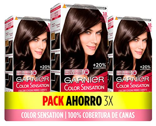 Garnier färgsensation 3-pack: levande och hållbar färg, full täckning av grått hår, enkel applicering med skål och pensel, mjukt och silkeslent hår, 3,0 mörkbrun