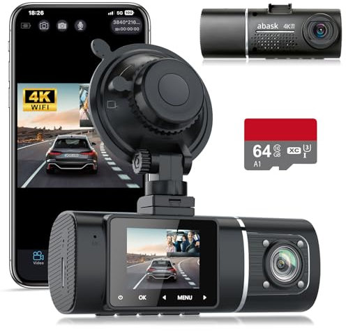 abask Dash Cam Auto, Wifi 4K Dashcam con Fronte e Interno Telecamera Auto con Scheda SD 64G, Visione notturna, Controllo delle app, 310 gradi, Monitor di parcheggio, G-Sensor, Registrazione in Loop