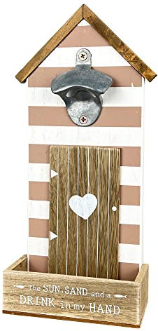 Wall Mounted Bottle Opener with Cap Catcher Vintage Beach Hut Home Bar Gift Sign