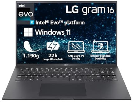 2023 LG gram 16 Zoll Notebook - 1,190g Intel Core i7 Prozessor (16GB LPDDR4x RAM, 512GB SSD, 80h Akkulaufzeit, Intel Iris Xe Graphics, Win 11 Home) - Schwarz