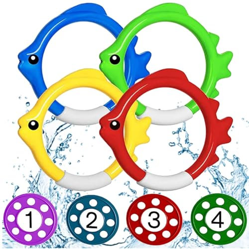 Kiuiom Giocattoli per Immersioni, Giochi Sott'Acqua Estivo, ​Giocattoli Subacquei, 4PCS Anello per Pesci da Immersione e 4PCS Dischi da Immersione Giochi Piscina Bambini per L'allenamento Subacqueo