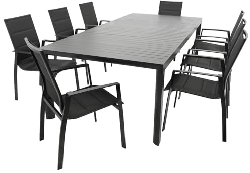 DEGAMO Gartenset Garnitur Lagos XL 9-teilig (8X Stapelsessel schwarz, 1x Ausziehtisch 195/255x120cm), Alu anthrazit, Outdoor