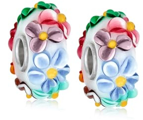 Bling Jewelry Set aus zwei Murano-Glas 3D Lampwork Mehrfarbig Weiß Rosa Blau Grün Blumenanhänger Perlen für Frauen Teenager passt europäisches Armband 925 Sterling Silber Kern