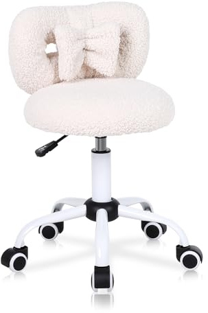 Ermnois Kids' Desk Chair with Bow Design, Cute Upholstered Swivel Chair with Wheels and Adjustable Height, Small Comfy Armless Chairs for Girls/Children (Cream)