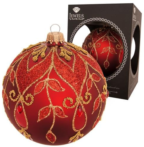 Krebs Glas Lauscha Weihnachtsdekoration/Christbaumschmuck aus Glas - Weihnachtsglaskugel Strassdesign mit Goldener Blätterverzierungen - Farbe: Rot - Größe: ca. 10 cm