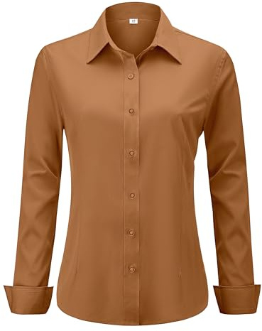 hearain Caramel Brown Shirts for Womens Button Down Dress Women's Long Sleeve Top Slim Fit Collared Wrinkle Free Blouses Work Caramel Brown Size M