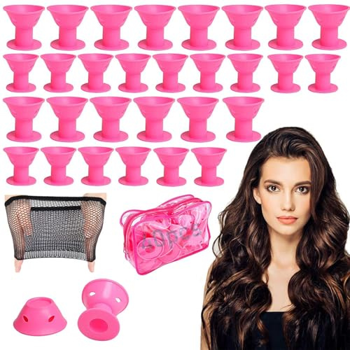 EUREKORA Lockenwickler Silikon 40 Stück Silikon Locken Über Nacht Gummi No Heat Curler Sicher für Das Haar Friseurwerkzeug für Salon Barbier Frauen und Mädchen(20x Groß 20x Klein, Rosa)