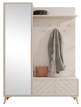 Mirjan24 Garderoben-Set Xylix 1D1K, praktische Wandgarderobe mit 7 Kleiderhaken, Schrank mit 5 Fächer und Schuhschrank geeignet als Flurgarderobe (Sandbeige)