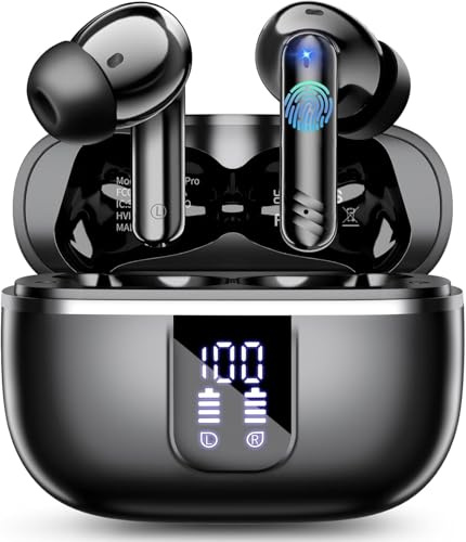OWMSIC 2026 New Wireless Earbuds, Bluetooth 5.4 Headphones with Noise Cancelling Mic, 46H Headphones with 3D Bass Stereo Sound, Ultralight, USB-C LED, Waterproof IPX7 Earphones for Android iOS. Black