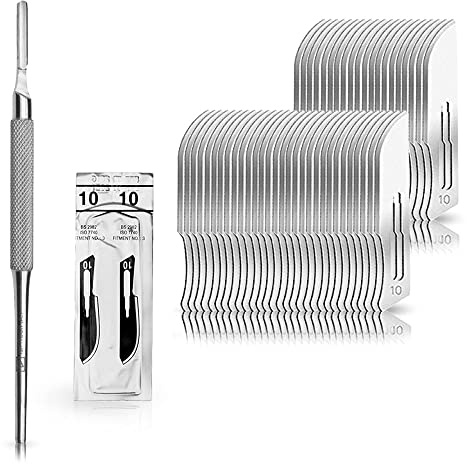 May Skalpell-Set runder Griff 50 Klingen Figur 10 | Flexibles Bastelwerkzeug mit rundem Edelstahl-Griff (Nr. 3). Inklusive 50 sterilen Ersatzklingen für höchste Präzision.