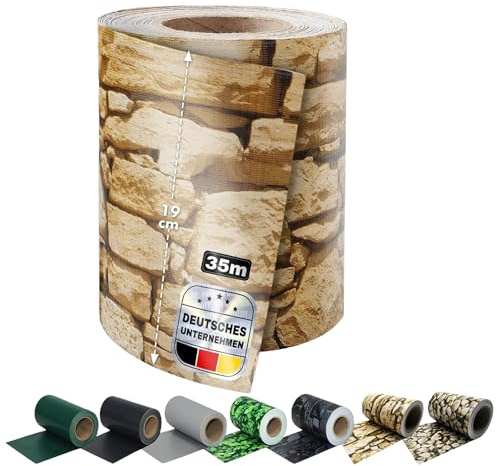 Floordirekt Sichtschutzstreifen 19 cm x 35 m mit Befestigungsclipse | Sichtschutzfolie | Windschutz | Stabmattenzaun | Gartenzaun | Blickdicht | Für Gittermatten-Zäune | Stein-Optikgrob