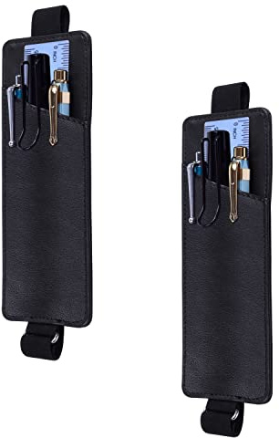 wisdompro Justerbart elastiskt band pennhållare, 2-pack PU-läder pennhållare, pennfodral, passar för 20 cm till 29 cm inbundna tidskrifter, anteckningsböcker, planerare, iPad – svart