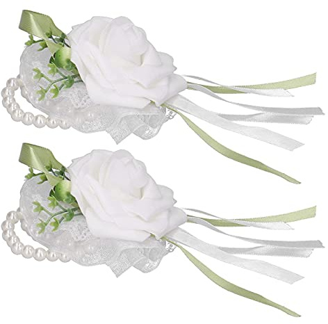 MOUMOUTEN Corsage De Poignet Artificiel 2 Pièces Perlé Blanc Pour Mariage