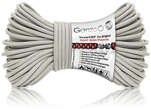 Ganzoo Paracord 550 Seil 4 mm Typ 3, Farbe Rhino grau, 30 m, Hybrid Nylon Polyester, ca. 250 kg Bruchlast, 32-Litzen Außenmantel, 7 Innenstränge, Outdoor Rope für Camping, Ausrüstung, DIY
