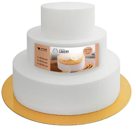 MCE-Commerce A3995994 - Stampo in polistirolo, Fondo per torte dorate, torta di compleanno, torta di compleanno, Bianco, 3 livelli Ø 10/15/20 cm, Altezza totale 15 cm
