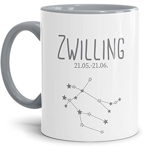 Tasse mit Sternzeichen Zwilling - Sternbild Kaffeetasse mit Spruch - Geschenk zum Geburtstag, Horoskop, Astronomie - Keramik Innen & Henkel Grau, 300 ml | Zwilling