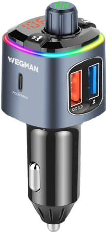 Wegman FM Transmitter Auto Bluetooth, Adapter für Autoradio, Zigarettenanzünder USB C 30W Autoladegerät, Freisprechanlage, Musik über Bluetooth & USB Stick