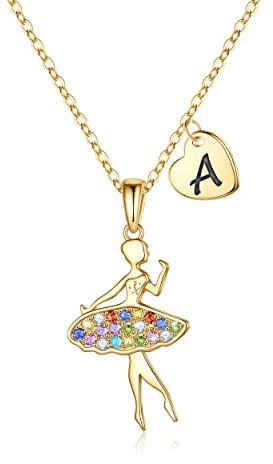 Collar de ballet para niñas, oro macizo de 14 quilates sobre circonitas cúbicas coloridas, collar de bailarina con inicial de corazón para adolescentes, niñas, joyas, recitales, regalos para niñas,