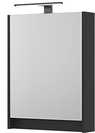 Planetmöbel Spiegelschrank Bad mit Beleuchtung | 50 x 65 x 11,4 cm, schwarz matt, Badezimmerschrank mit Spiegel und LED Aufbauleuchte