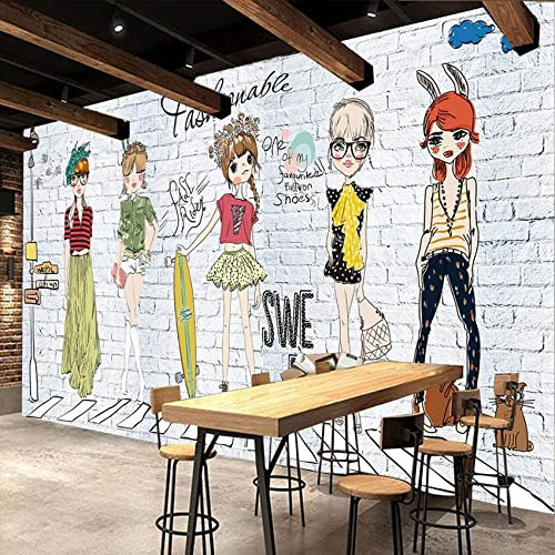 Fond D'Écran 3D Pour Restaurant Café Fashion Girl Contre Le Mur De Briques Blanches Chambre D'Enfants Papier Peint Mural 3D Peel And Stick Autocollant Mural Autocoll 200 (largeur) x 150 (hauteur) cm