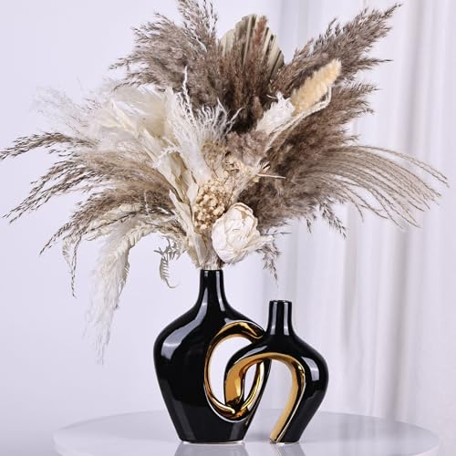 Schwarze und goldene Hohle Keramikvase, 2er-Set, Moderne, nordische, Boho-Stil, ästhetische,dekorative Blumenvase für Heimdekoration,Hochzeit,Schlafzimmer, Esstisch,Regal,Kaminsims, Bürodekoration
