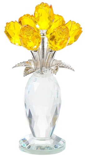 Movdyka Crystal Yellow Rose Flower Figurine with Vase Handmade Romantic Glass Rose for Wife Mom on Birthday Christmas Wedding Home Decorations | Handmade Romantic Glass Rose Gifts for Wife Mom on Birthday Christmas Wedding Mothers Day Decorations