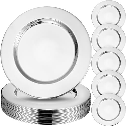 Vesici Lot de 12 assiettes de présentation rondes en acier inoxydable argenté de 33 cm pour décoration de table de mariage, dîner, fête