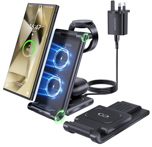 Wireless Charging Station for Samsung, MANKIW Foldable 3 in 1 Wireless Charger Compatible with Samsung S25/S24/S23/S22/S21/S20, Z Fold 6/5/4/3, Note20/10 Ultra, Watch 7//5/4/3/Active, Buds+/2/Pro/Live