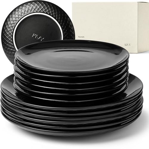 KIVY Service de table pour 6 personnes [rayures et lave-vaisselles] 6 x 27 cm + 6 x 22 cm – Lot d'assiettes modernes – Service de vaisselle – Service combiné – Service de vaisselle – Assiettes noires