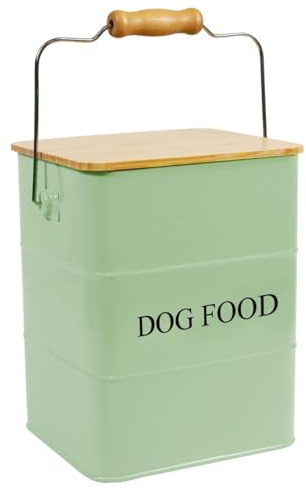 Geyecete Metal Dog Food Container-6L-Airtight Wooden Food and Treat Boxes-Coated Carbon Steel-Dog Food Tray with Handle-Green
