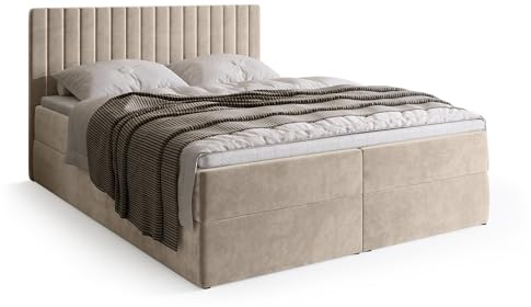 BROMARKT Boxspringbett 160x200 mit Bettkasten Topper Härte H3 Beige | Doppelbett mit Bonell-Matratze gepolsterte Kopfstütze und Stauraum Polsterbett Bett Bed Jugendbett Einzelbett DREAM
