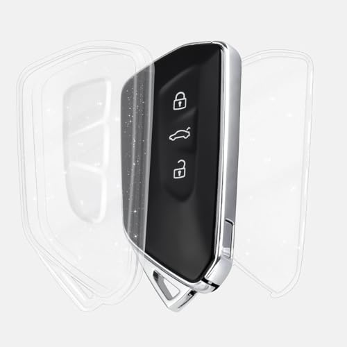 OFF WE GO Schlüsselhülle Cover für VW Golf 8 TPU Autoschlüssel Hülle für Volkswagen Seat Leon Tarraco Ateca Skoda Octavia 3 Tasten Auto Schlüssel Schlüsselbox Damen Männer Schlüsselgehäuse, Klar