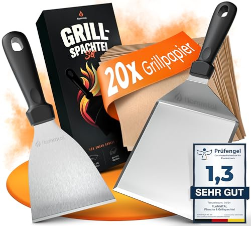flammtal Originalet: Smash Burger set med 20 x civila papper – grillspatelset av rostfritt stål – högkvalitativ hyllspatel – diskmaskinssäkra grillspatlar för teppanyaki