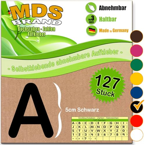 MDS Brand A-Z 5cm Buchstaben Aufkleber & Zahlen 6-Farben | Selbstklebende & Matt – neu positionierbar, einfach zum basteln & gestalten, Ideal für Scrapbook, Schaufenster & DIY-Projekte (Schwarz)