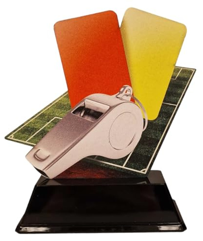 eberin Schiedsrichter Pokal mit Gravur - Referee Trophäe - Bester Schiri | Personalisierbarer Siegerpreis aus Holz & Kunststoff - Mit roter & gelber Karte sowie Pfeife - Ideal als Ehrenpreis
